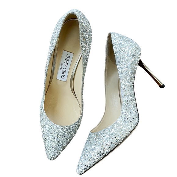 Jimmy Choo Romy 85 Silver Coarse Glitter High Heel Pointed Toe Pumps 37.5 - Picture 11 of 12